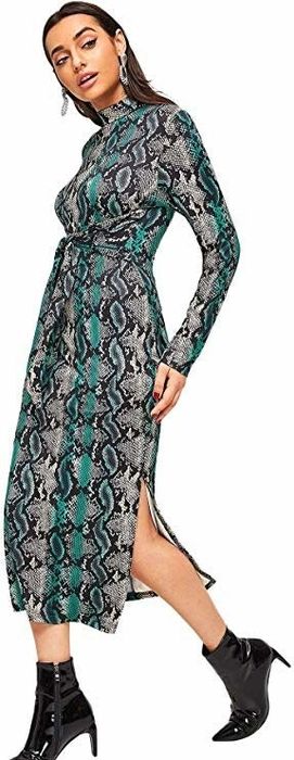 A model wearing the blue version of the snakeprint dress.