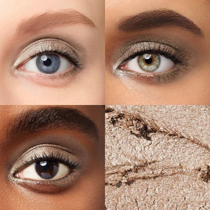 A close-up view showcasing four distinct eyes, each adorned with a beige, shimmery eyeshadow.