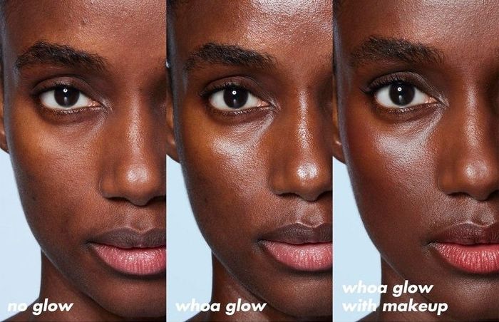 Model's face before and after applying the moisturizer and with additional makeup