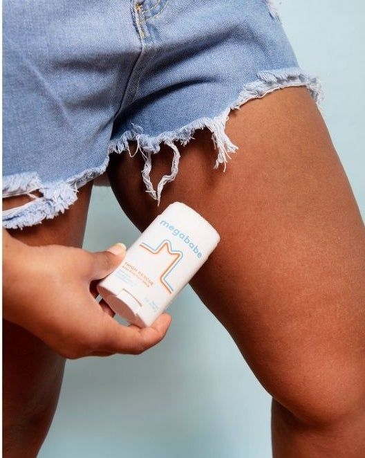Model demonstrating the use of the anti-chafe stick