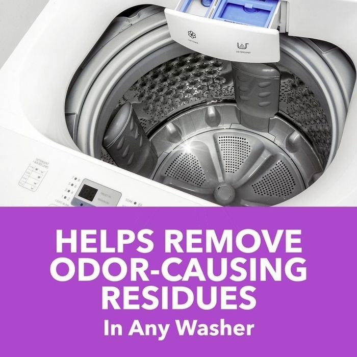 A washing machine. Text reads helps remove odor-causing residues in any washer.