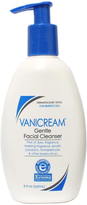 The product comes in a blue and white bottle equipped with a pump dispenser.