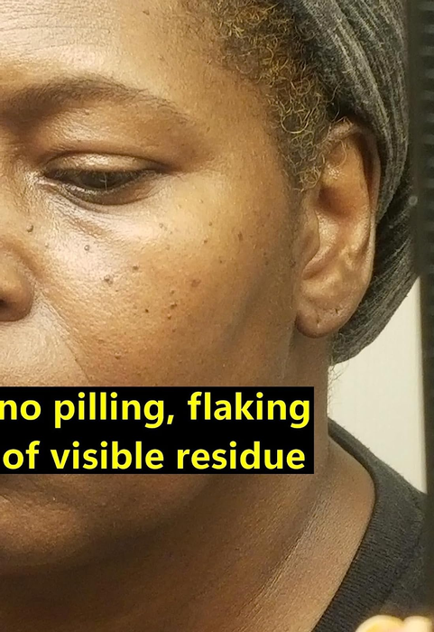 A close-up of the reviewer's soft, hydrated face, accompanied by their personal note.