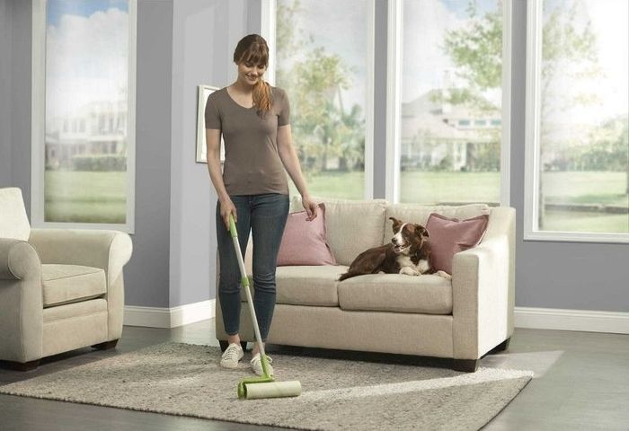 A person uses a pole-equipped lint roller to clean a rug.
