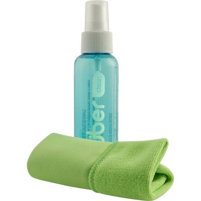 Spraying screen cleaner and wiping with a cloth.