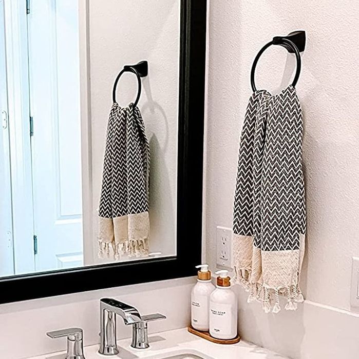 Reviewer image of the towel displayed next to the sink