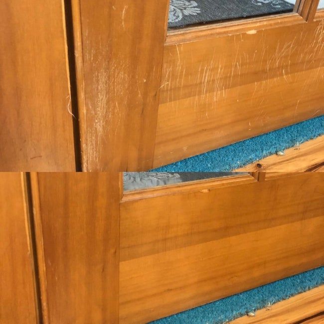 Before and after images showcasing how the scratch marks on the base of a door are fully erased with the wood polish.