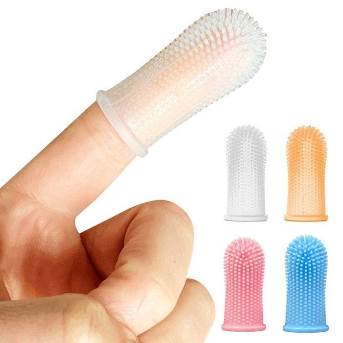 Silicone fingertip toothbrushes for infants, showcased on a finger and available in multiple colors