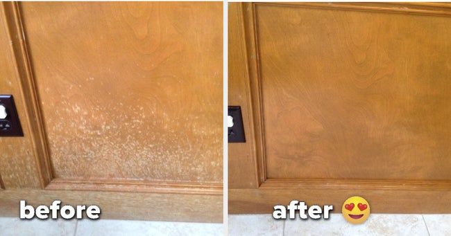 Image of a water-stained wooden cabinet that appears fully restored in the after picture