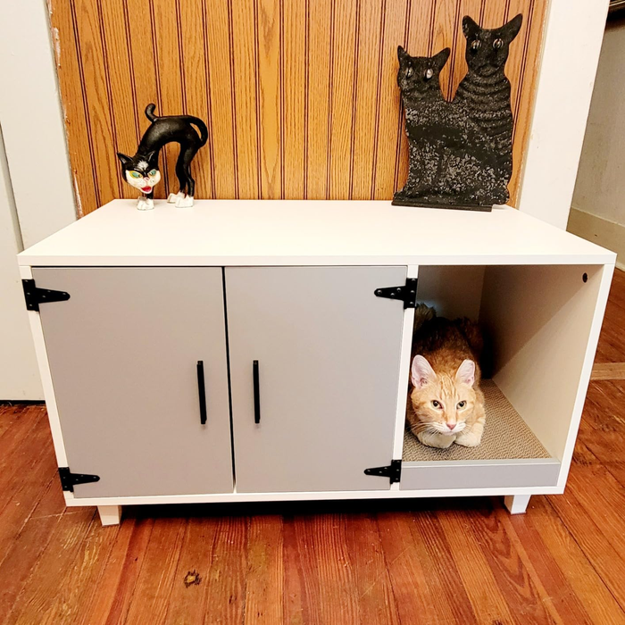 A photo from a reviewer showing the enclosure with the doors closed, while a cat peeks its head out from the open compartment