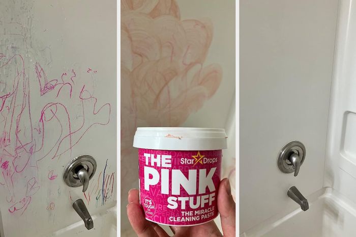 reviewer image of wall scribbles, image of The Pink Stuff applied, image of a pristine wall