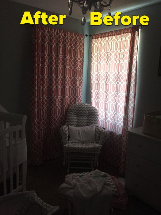 A reviewer’s before-and-after photo showing the left window with the shade installed, blocking out light, and the right window without the shade, allowing light to pour in.