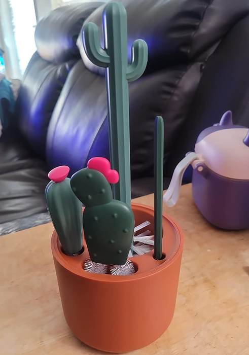 Cactus-themed brushes placed in a brown pot holder, displayed on a wooden table