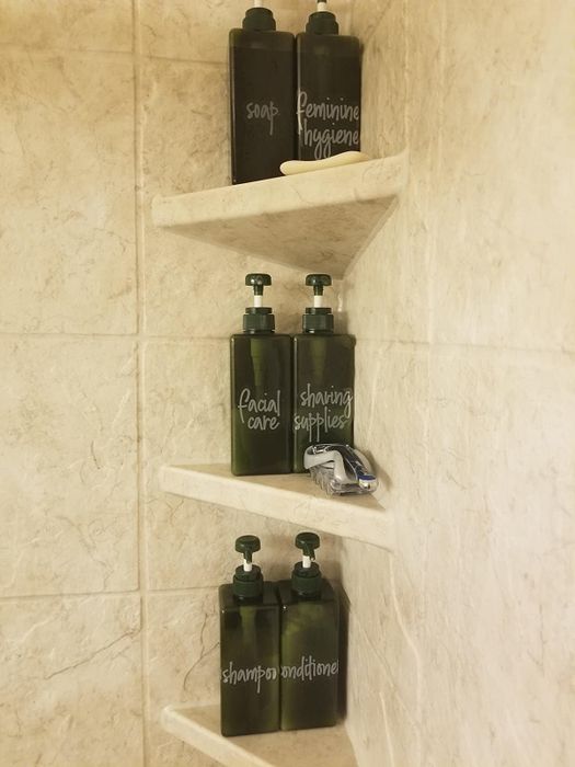 Reviewers have placed labels on various bathroom supplies for better organization.
