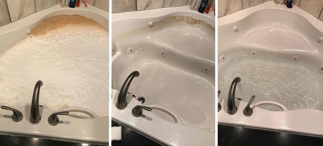 Reviewer's photo showing the dramatic before-and-after results of using the jetted tub cleaner.