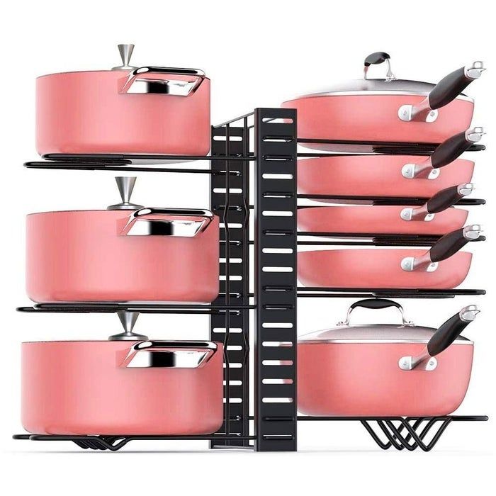 This organizer is designed with six individual compartments, each holding a different pot, helping to keep your kitchen tidy.