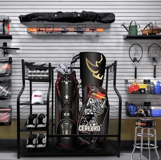 The golf rack filled with a variety of golf equipment