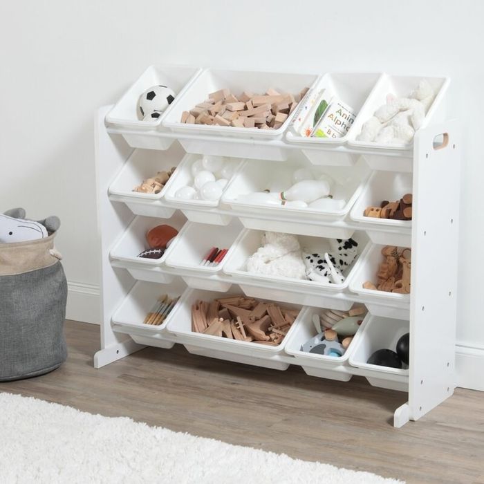 The toy organizer filled with an array of toys.