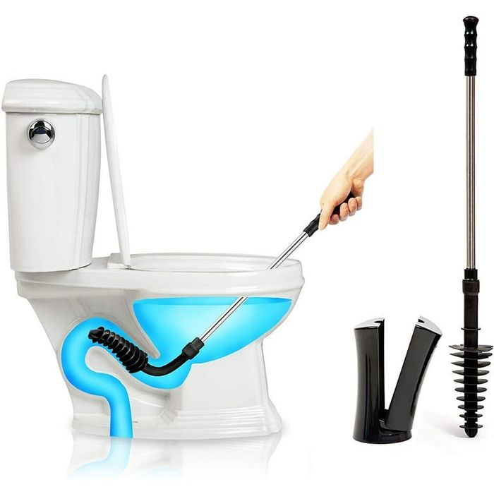 A diagram showing the dredger tool clearing debris through the toilet's pipes