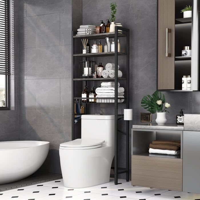 A standalone shelving unit for over-the-toilet use