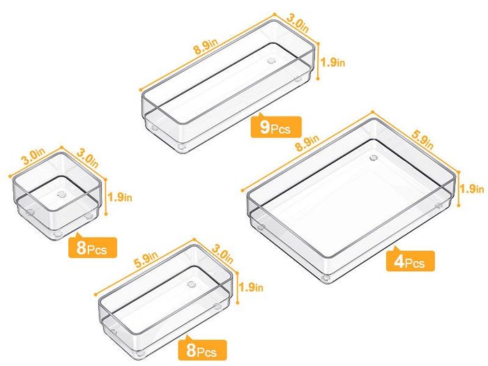 An image of four different clear plastic drawer organizers, each with varying quantities: 9pc, 8pc, 8pc, and 4pc, displayed alongside their dimensions.