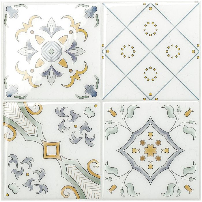 A set of four tiles, each adorned with intricate patterns, designed to add a unique touch to your space.
