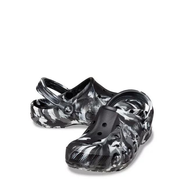 A pair of camo-patterned Crocs set against a white background, ready for purchase.