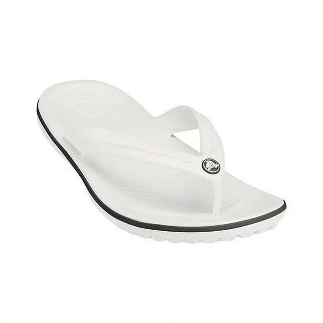 A white flip-flop featuring a rounded toe post with a logo on the strap.