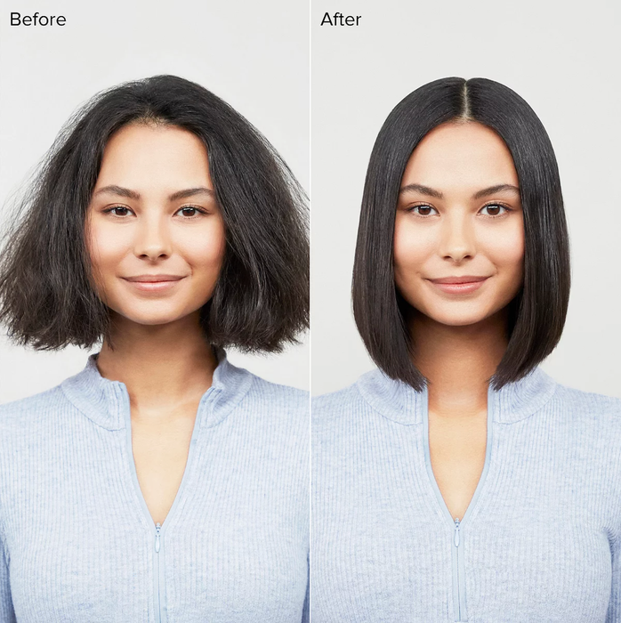 A before and after image of a model's hair after using this product.