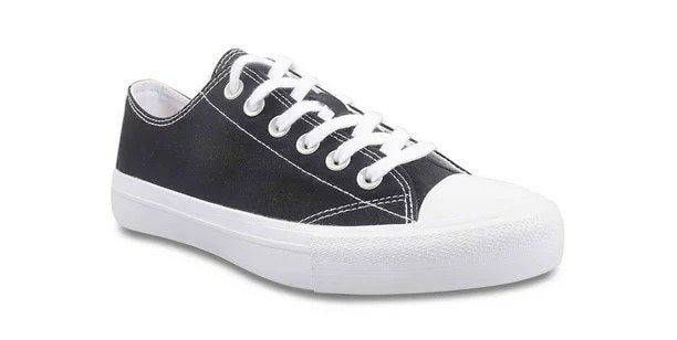 A pair of sleek black sneakers.