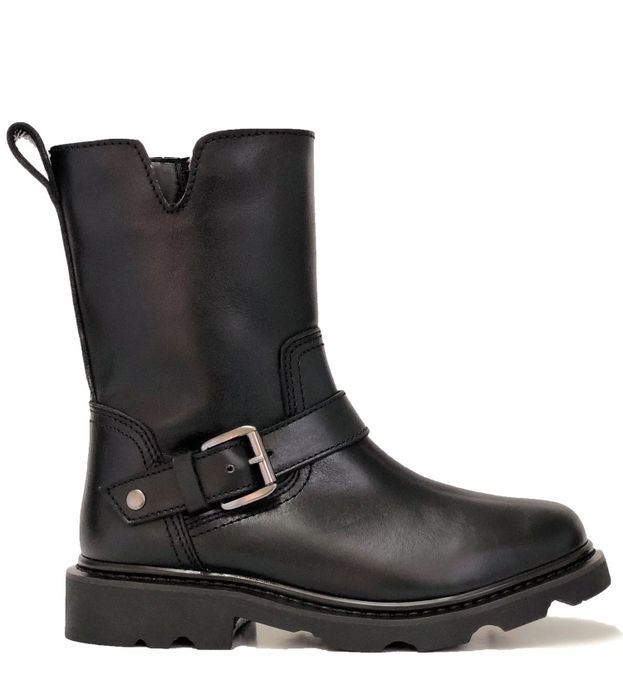 A sleek black boot.
