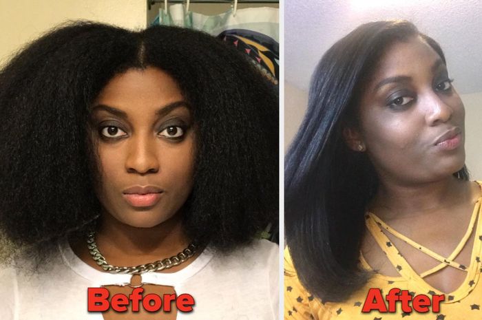 Before and after shots of a reviewer using a hair straightener