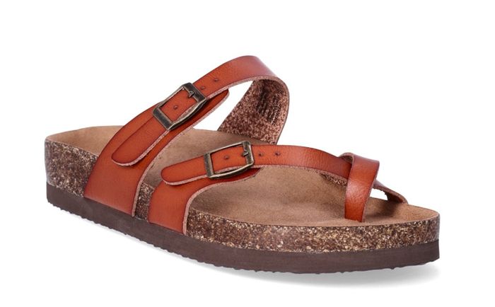 A brown strappy sandal with buckles on a white background