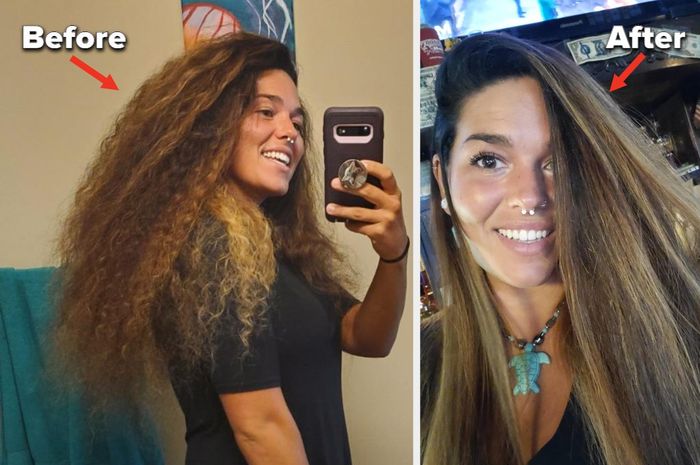 Before and after images of a reviewer with curly, thick hair after using the straightener