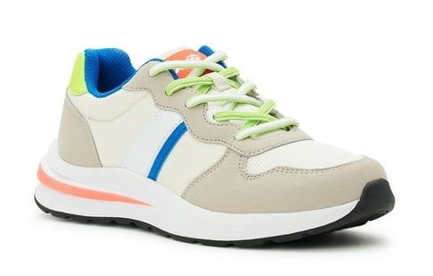 The sneakers in beige with accents of blue, green, and orange.
