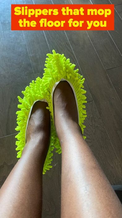 The reviewer is wearing yellow slippers.