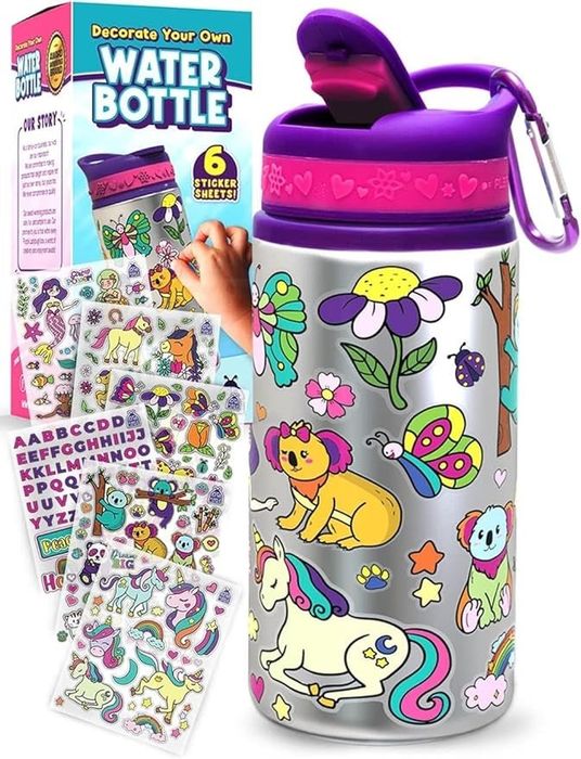 A close-up of one of the kits, showing the water bottle along with the included stickers.