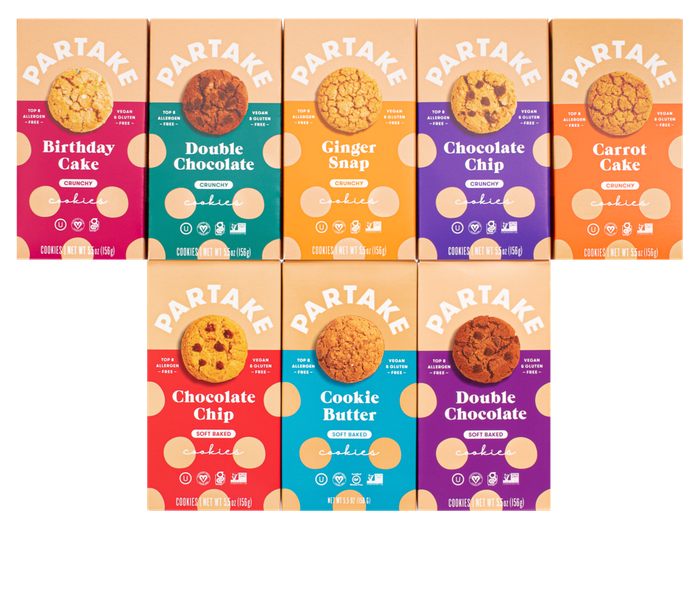 Eight boxes of cookies, each featuring a unique flavor