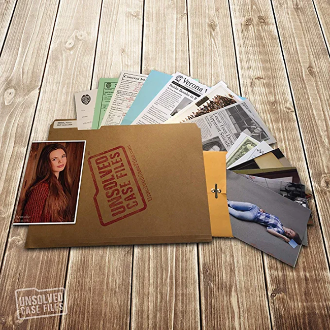 A brown file folder labeled with the details of a mysterious case.