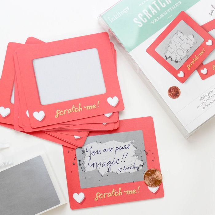 Square Valentine's Day cards designed to resemble Etch A Sketches