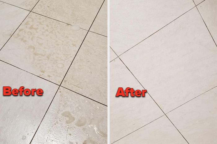 A before-and-after image of the reviewer showcasing a dirty and clean floor.