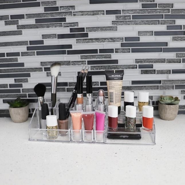 The makeup organizer filled with cosmetic products