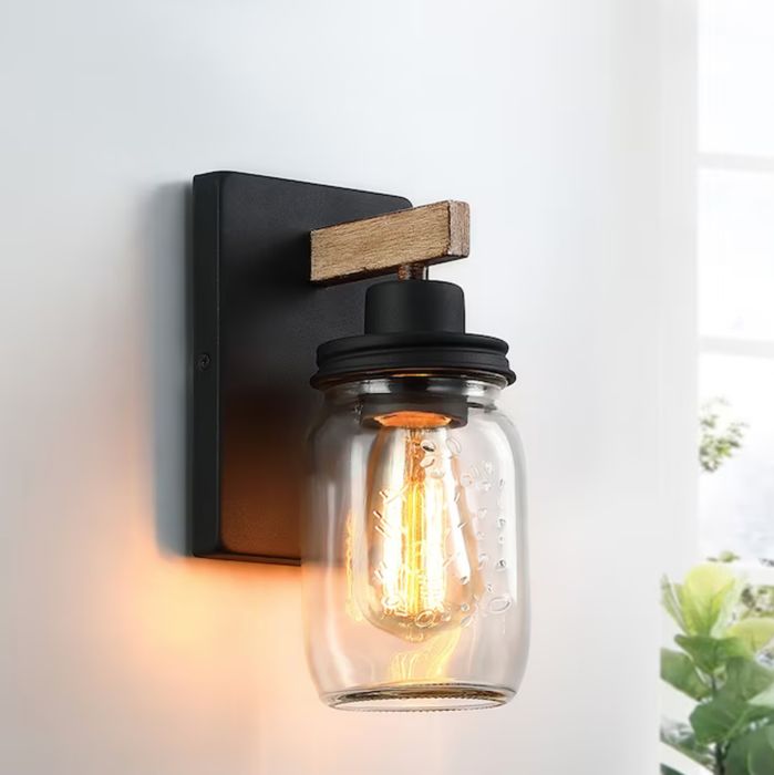 Farmhouse-style wood and black LED sconce