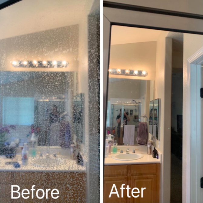 A customer review includes a before and after photo, showcasing the impressive results of the hard-water stain remover.