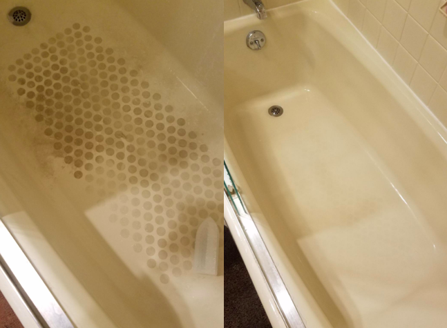 A customer review photo shows their bathtub before and after using the remover.