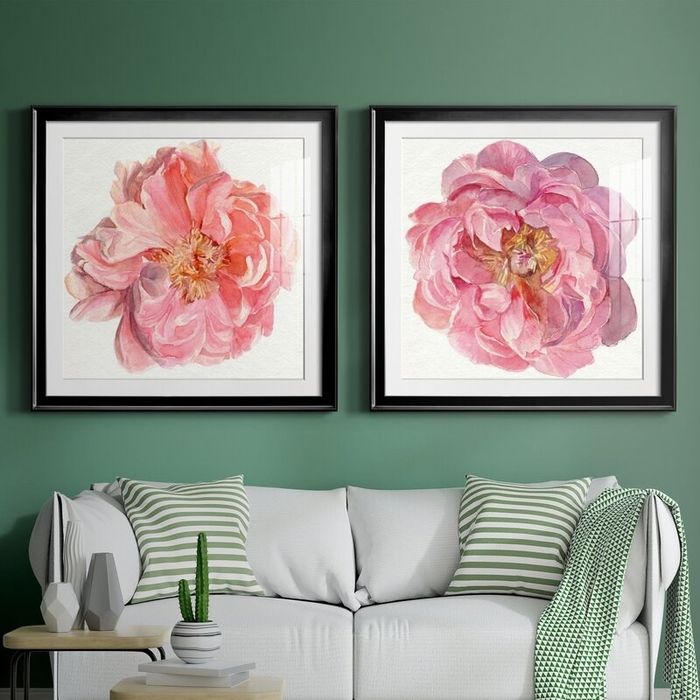 A pair of peony prints with soft matte tones and elegant black frames