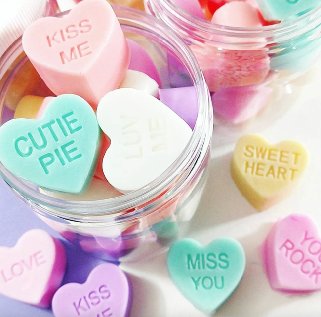 a selection of conversation heart soap bars