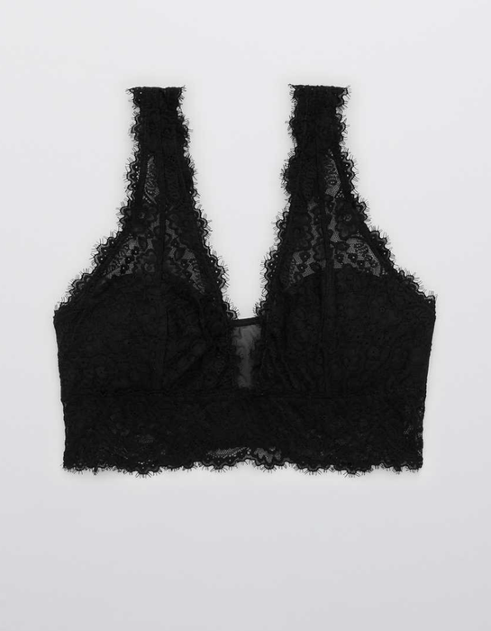 A front view of the stylish lacy bralette in a sleek black color.