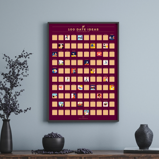 A scratch-off poster featuring 100 date ideas, ready to hang on your wall