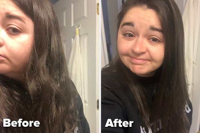 Before and after photos showcasing the editor's hair transformation after using the Dyson straightener.